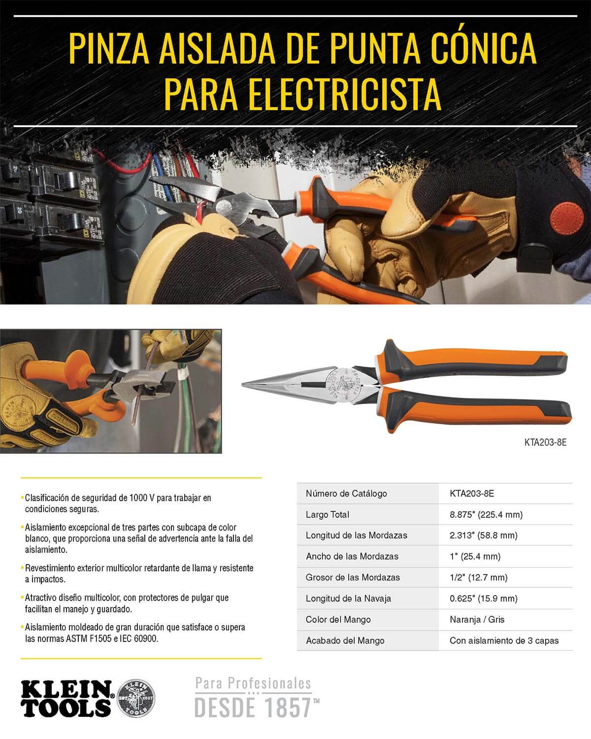 Pinza Aislada Punta Cónica Electricista Klein Tools